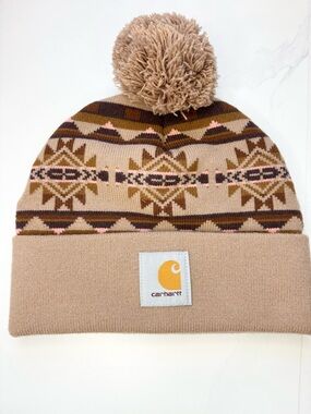 Carhartt Tan & Brown Patterned Pom Beanie with Pink Accents
